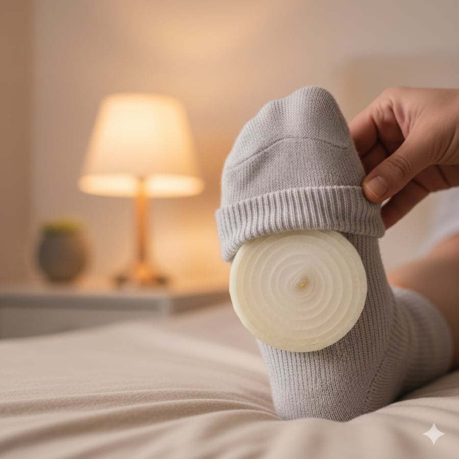 Hành tây dưới lòng bàn chân – bí quyết dân gian hỗ trợ giảm cảm lạnh nhẹ và làm ấm cơ thể.